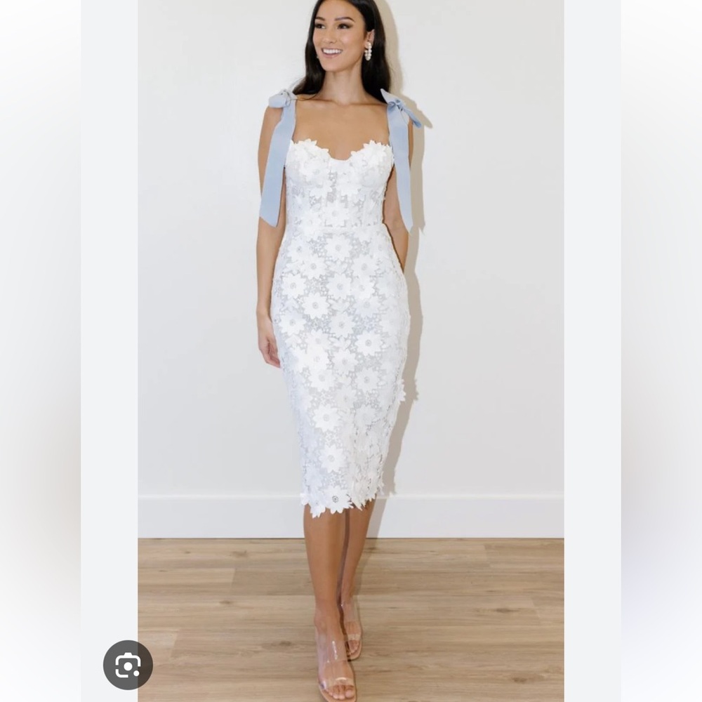 Watters White Lace Midi Dress with Blue Tie Straps
